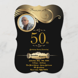 50th,誕生日男any age, art deco，黒金ゴールド 招待状