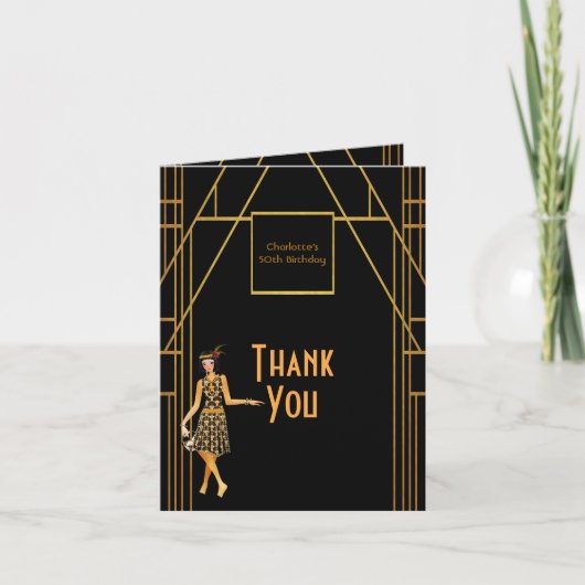 50th 1920's誕生日ブラック金ゴールド写真ありがとう サンキューカード (正面)
