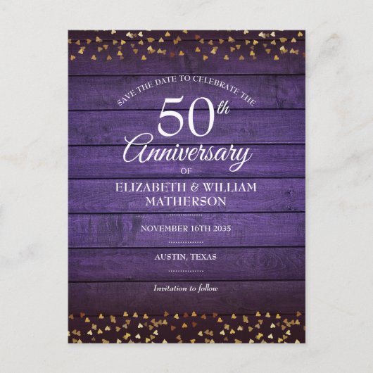 50th Anniversary日付の保存金ゴールドハート 素朴 ポストカード (正面)