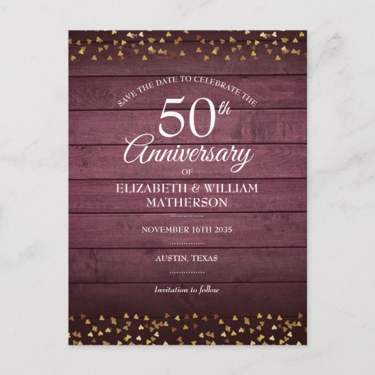 50th Anniversary日付の保存金ゴールドハート 素朴 ポストカード (正面)