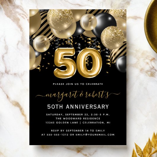 50th Anniversary Gold Black Balloon Arch Party 招待状