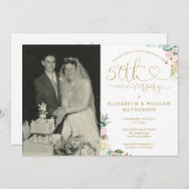 50th Anniversary Gold Heart Floral Monogram Photo 招待状 (正面/裏面)