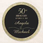 50th Anniversary Gold Sparkle Black Stylish Glam ラウンドペーパーコースター (正面)