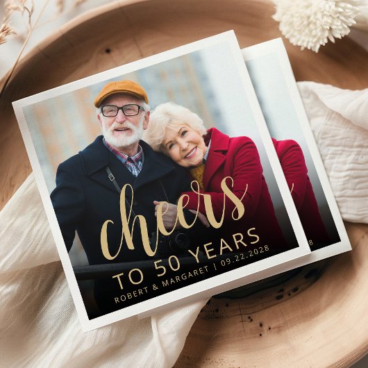 50th Anniversary Party Photo Cheers Gold Script スタンダードカクテルナプキン