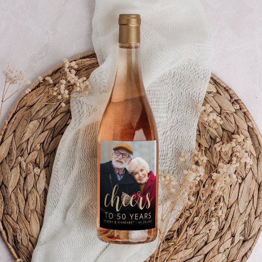 50th Anniversary Party Photo Cheers Gold Script ワインラベル