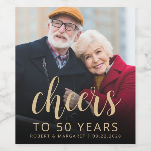 50th Anniversary Party Photo Cheers Gold Script ワインラベル (シングルラベル)
