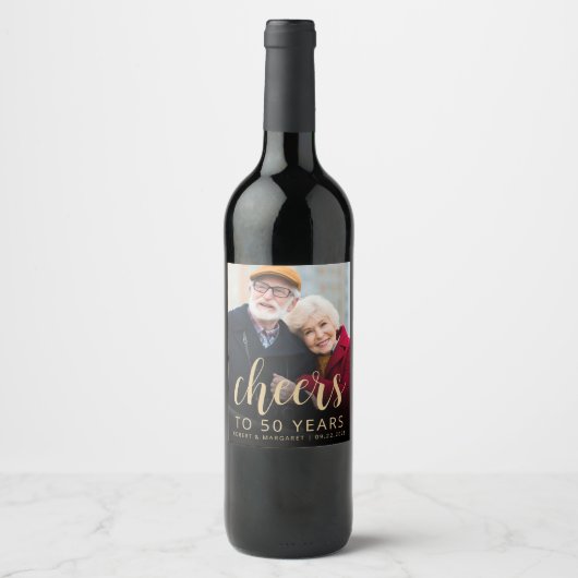 50th Anniversary Party Photo Cheers Gold Script ワインラベル (正面)