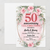 50th Anniversary Soft Pink & Sage Green Roses 招待状 (正面/裏面)