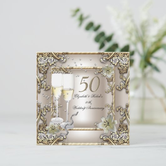 50th Anniversary Wedding Cream Gold Lily 招待状 (スタンド正面)