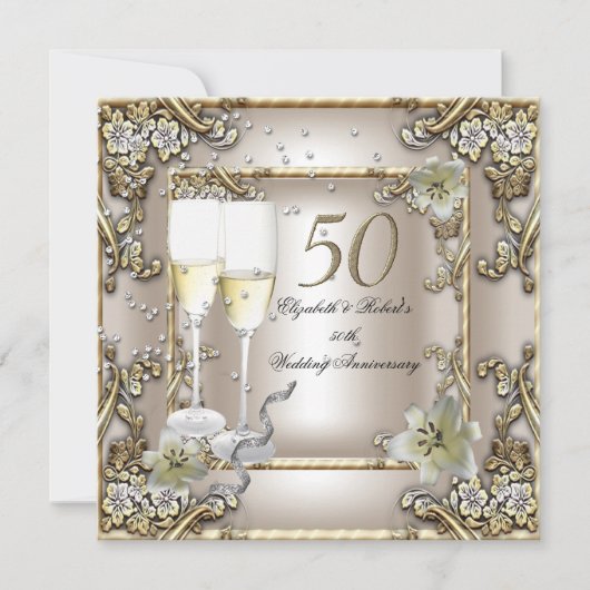 50th Anniversary Wedding Cream Gold Lily 招待状 (正面)