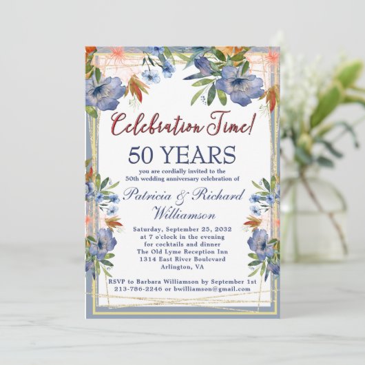 50th (Any Year) Chic Floral Wedding Anniversary  招待状 (スタンド正面)