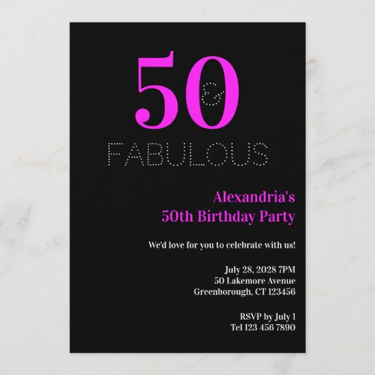 50th Birthday 50 fabulous Neon Pink Black Party 招待状 (正面)