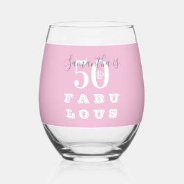 50th Birthday 50 fabulous Pink Gray Personalized ステムなしワイングラス