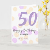 50th birthday add name date purple orange polkadot カード (黄色い花)