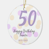 50th birthday add name date purple orange polkadot セラミックオーナメント (左)