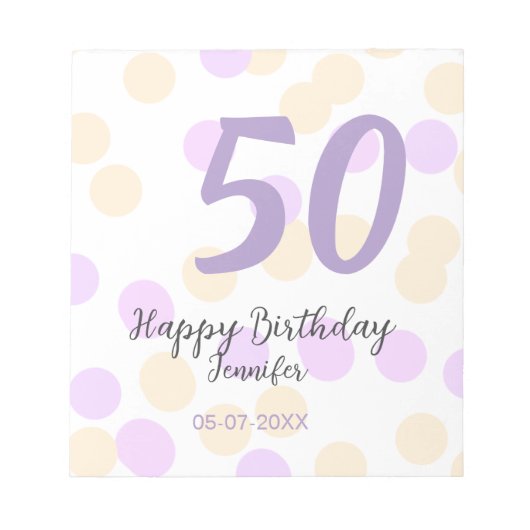 50th birthday add name date purple orange polkadot ノートパッド (正面)