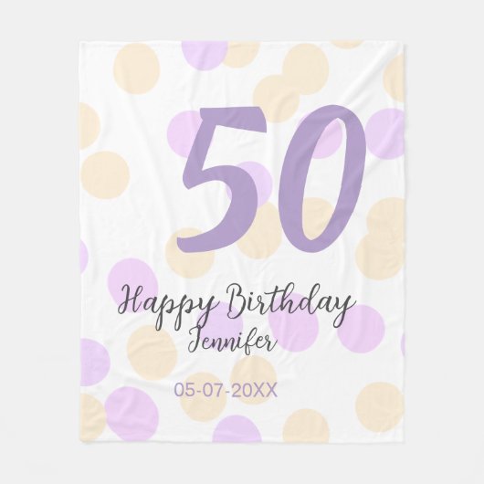 50th birthday add name date purple orange polkadot フリースブランケット (正面)