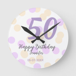 50th birthday add name date purple orange polkadot ラウンド壁時計