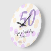 50th birthday add name date purple orange polkadot ラージ壁時計 (傾斜)