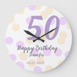 50th birthday add name date purple orange polkadot ラージ壁時計