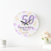 50th birthday add name date purple orange polkadot ラージ壁時計 (ホーム)