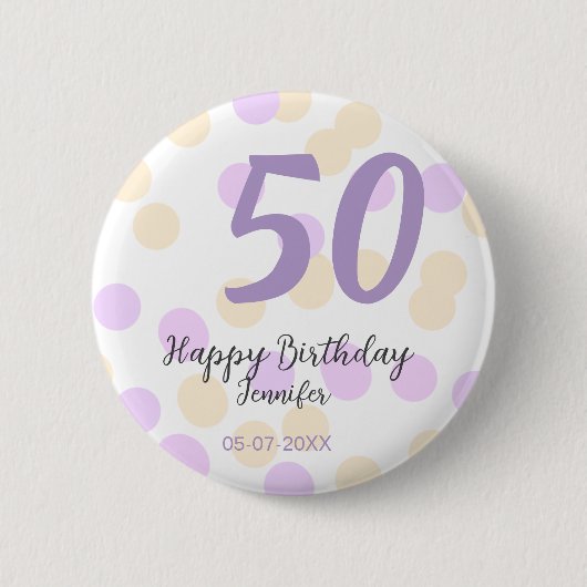 50th birthday add name date purple orange polkadot 缶バッジ (正面)