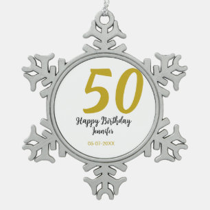 50th birthday add name date year black テンプレートgo スノーフレークピューターオーナメント