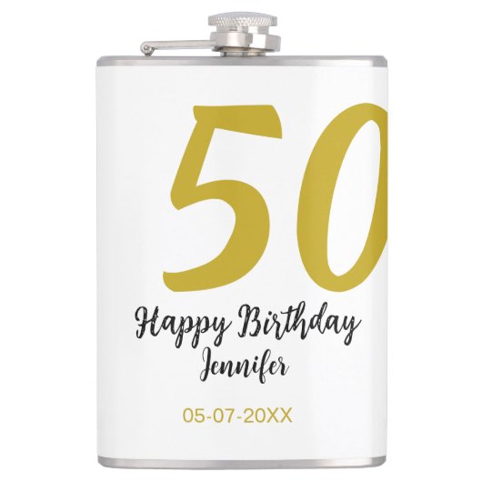 50th birthday add name date year black テンプレートgo フラスク (正面)