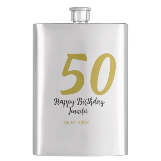 50th birthday add name date year black テンプレートgo フラスク (正面)