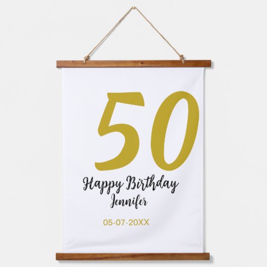 50th birthday add name date year black テンプレートgo 吊り下げ型タペストリー (正面)