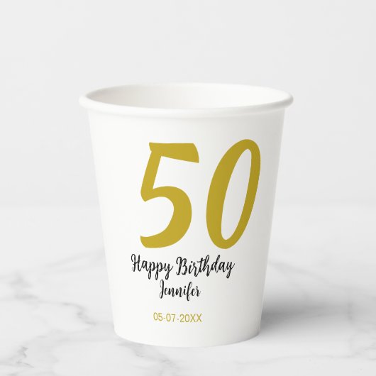 50th birthday add name date year black テンプレートgo 紙コップ (正面)