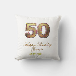 50th birthday add name date year gold floral bold  クッション