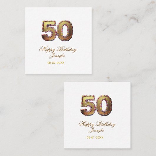 50th birthday add name date year gold floral bold  スクエア名刺 (正面/裏面)