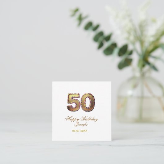 50th birthday add name date year gold floral bold  スクエア名刺 (スタンド正面)