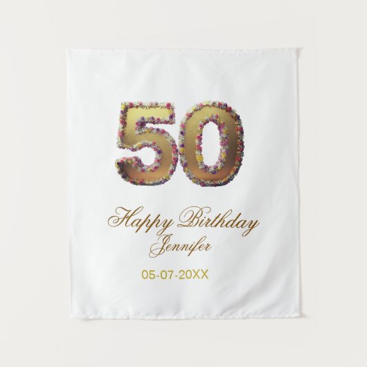 50th birthday add name date year gold floral bold  タペストリー (正面)