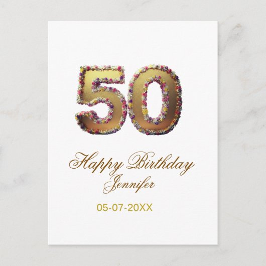 50th birthday add name date year gold floral bold  ポストカード (正面)