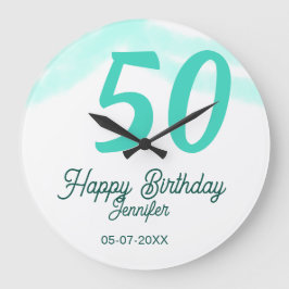 50th birthday add name date year green pastel bold ラージ壁時計