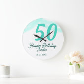 50th birthday add name date year green pastel bold ラージ壁時計 (ホーム)