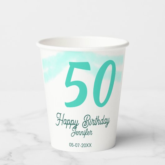50th birthday add name date year green pastel bold 紙コップ (裏面)
