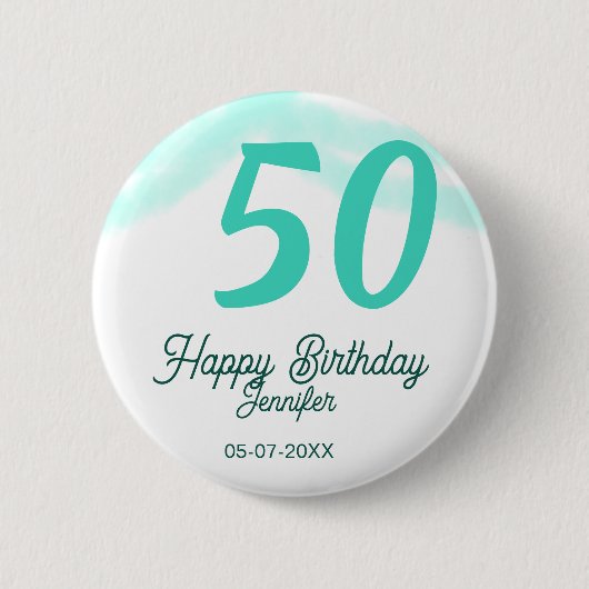 50th birthday add name date year green pastel bold 缶バッジ (正面)