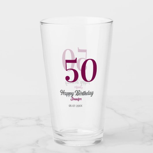 50th birthday add name date year mauve template  タンブラーグラス (正面)