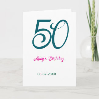 50th birthday add name year turquoise pink bold カード