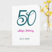 50th birthday add name year turquoise pink bold カード (黄色い花)