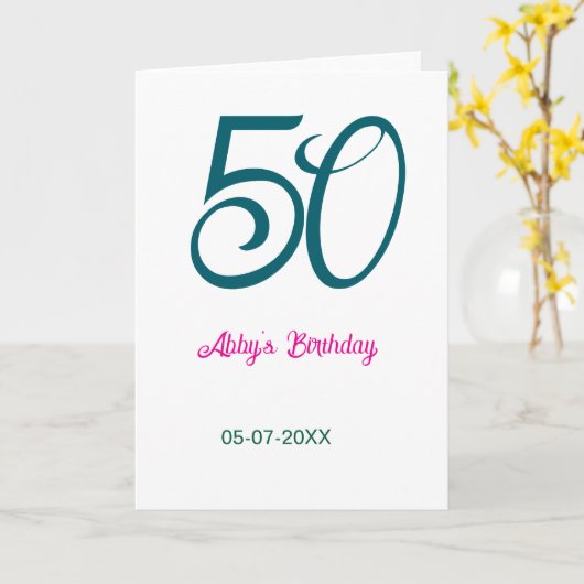 50th birthday add name year turquoise pink bold カード (黄色い花)