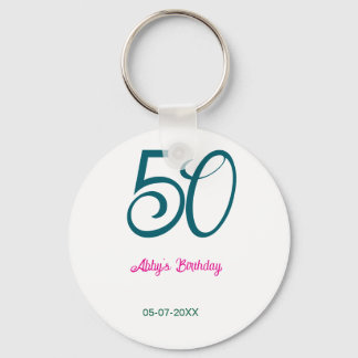 50th birthday add name year turquoise pink bold キーホルダー