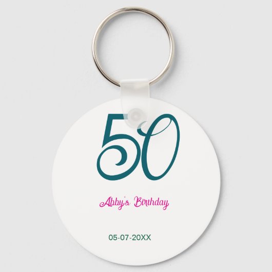50th birthday add name year turquoise pink bold キーホルダー (正面)