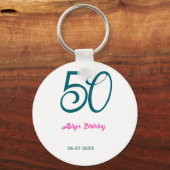 50th birthday add name year turquoise pink bold キーホルダー (正面)