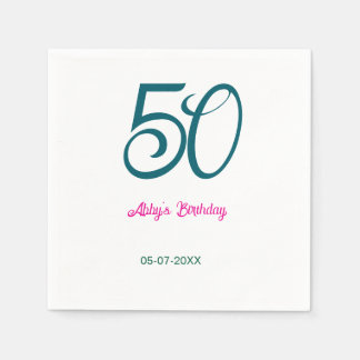50th birthday add name year turquoise pink bold スタンダードカクテルナプキン