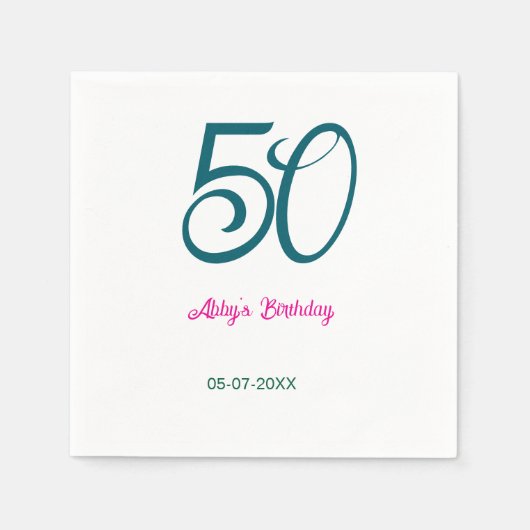 50th birthday add name year turquoise pink bold スタンダードカクテルナプキン (正面)