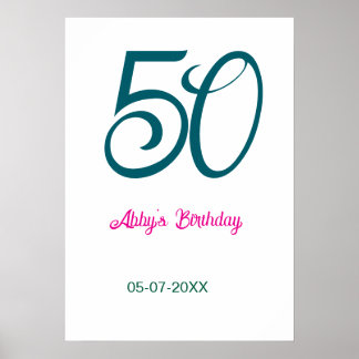 50th birthday add name year turquoise pink bold ポスター
